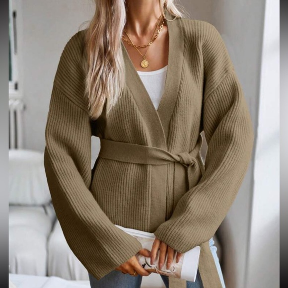 tan Belted knit sweater tie belt wrap cardigan- oversized fit - Picture 4 of 7